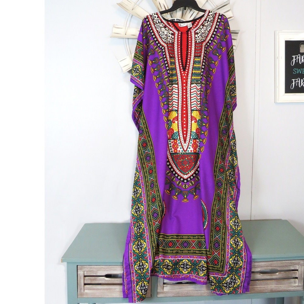 Sante Classics Kaftan One Size Maxi Dress Pullover Cover-Up Tribal Paisley OS